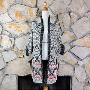 Maje Open Front Jaquard Sweater Cardigan Ecru and Black | XL